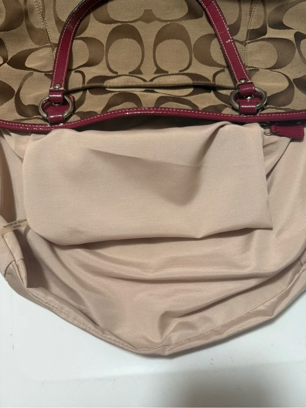 Coach Beige Signature Canvas Shoulder Bag with Red Trim